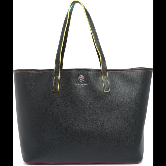 KURT GEIGER LONDON Richmond Shopper Black Tote Bag With Rainbow Lined Stitching - Picture 2 of 9